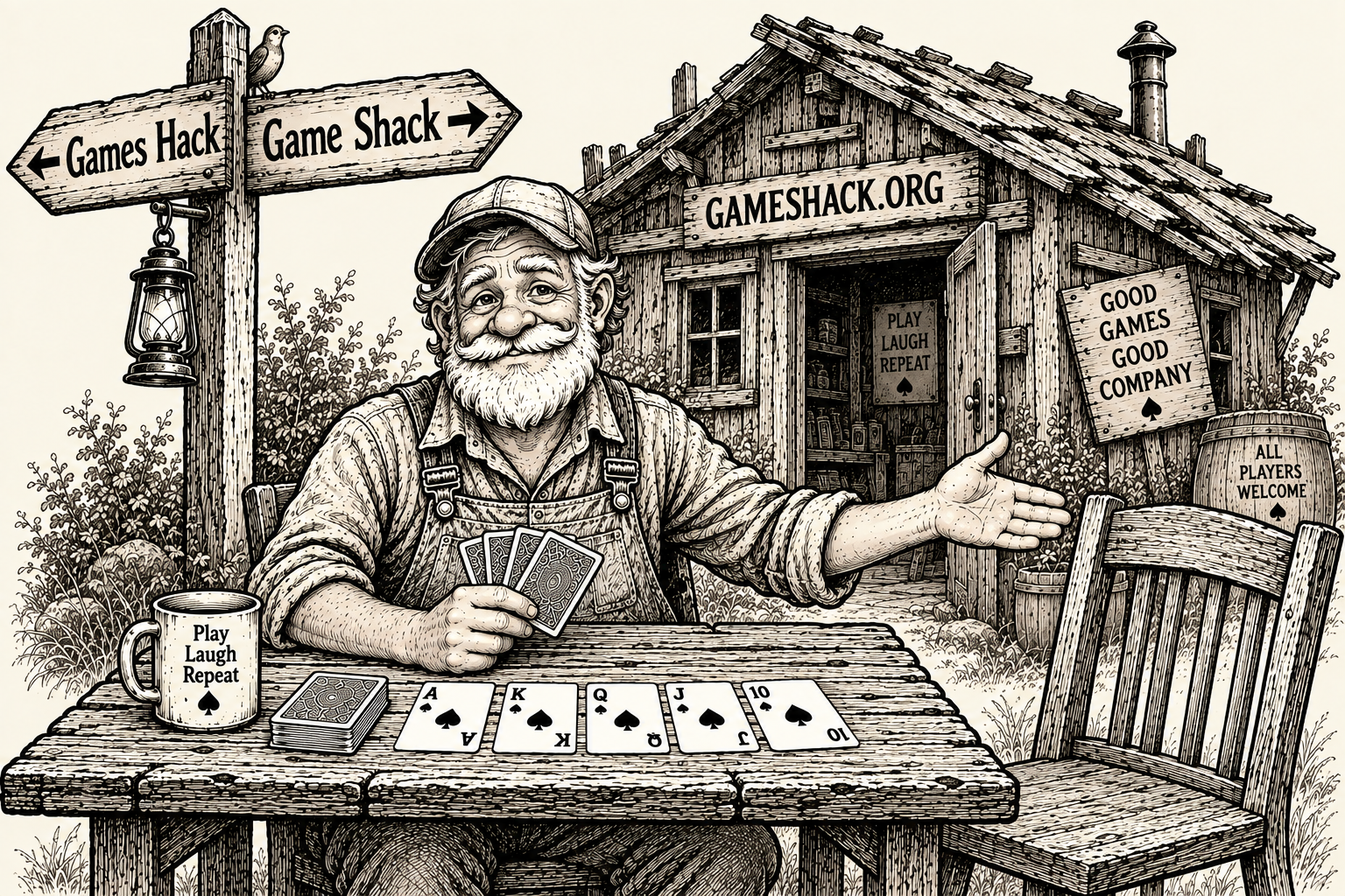 An illustrated woodcut-style scene of a bearded man at a table with playing cards, welcoming visitors to the GameShack cabin in the woods.